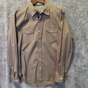 Arnold Zimberg Mens Button Shirt Medium Brown/Cream Stripe Cotton Hollywood